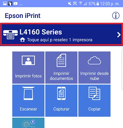 Interfaz de la app Epson iPrint con opciones para imprimir y escanear un documento desde un teléfono móvil