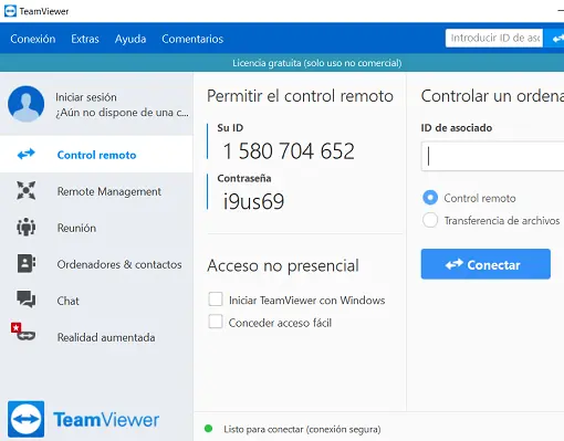 Interfaz de TeamViewer en Windows