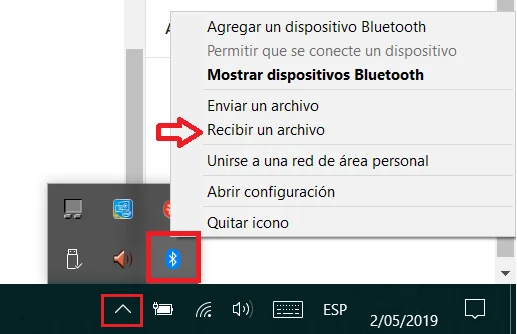 Opción para recibir un archivo por Bluetooth en Windows
