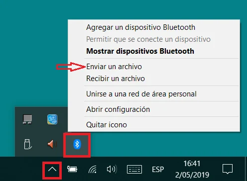 Opción para enviar un archivo por Bluetooth en Windows 10