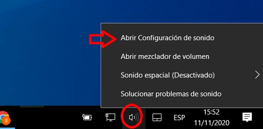 Opción para Abrir Configuración de sonido en Windows 10