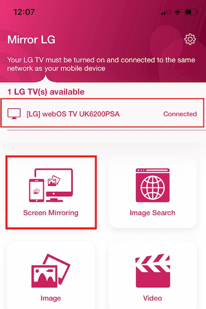 Interfaz de la app Mirror for LG TV Streamer con la opción Screen Mirroring