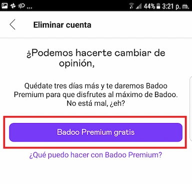 La imagen muestra la pantalla de un móvil Samsung con la propuesta de probar Badoo Premium gratis.