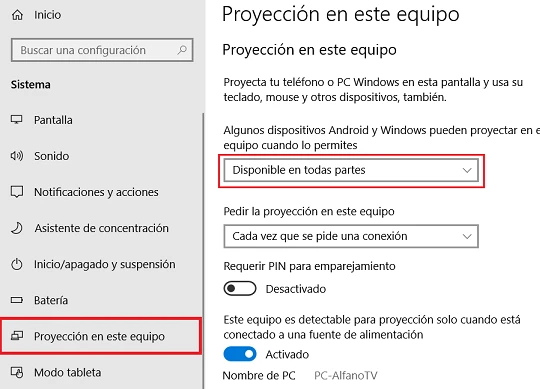 Ventana Proyección en este equipo de Windows 10