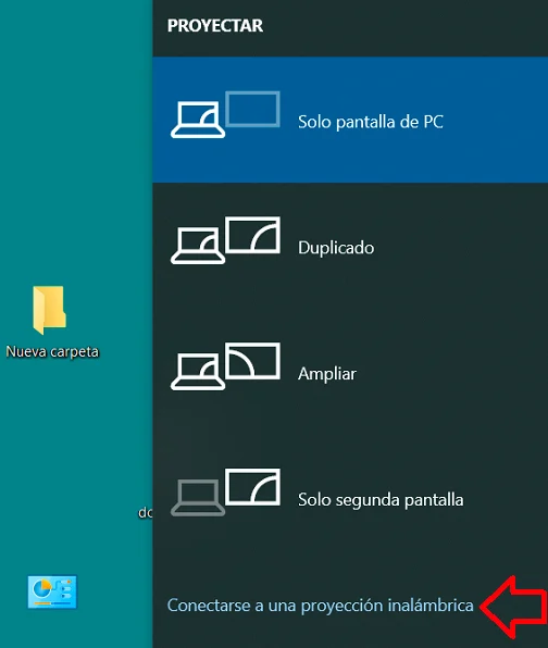 Menú de opciones de proyección de pantalla en Windows 10