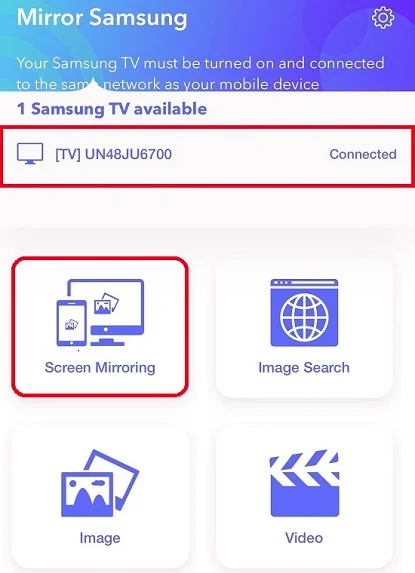 Ventana para seleccionar Screen Mirroring en la app Mirror for Samsung TV Streamer