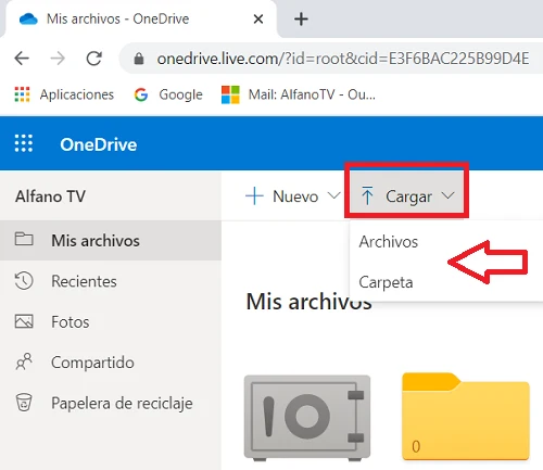 Opción para subir un archivo a OneDrive desde el PC