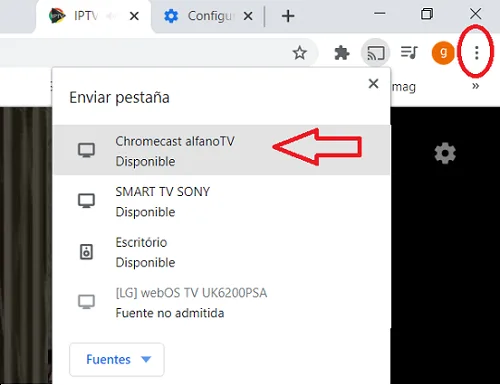 Opción para enviar una lista IPTV a un Chromecast desde Google Chrome