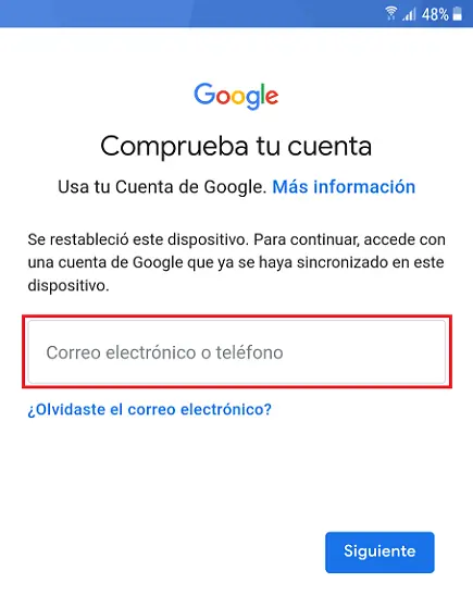 Imagen mostrando la solicitu de google para comprobar cuenta en teléfono Android