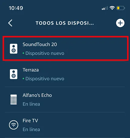 Menú Todos los dispositivos en Amazin Alexa. Se muestra el sistema Bose SoundTouch 20
