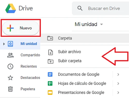 Opción para subir un archivo a Google Drive