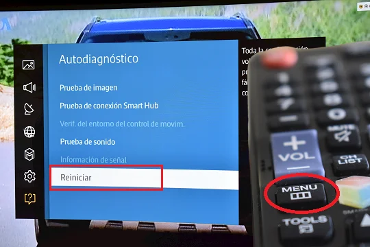 Opción Reiniciar en la ventana de Autodiagnóstico en un Smart TV Samsung