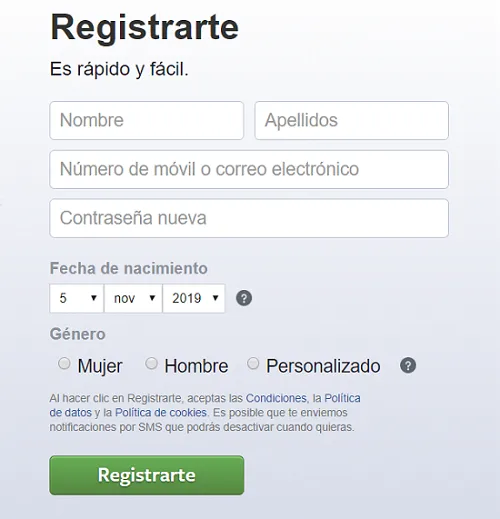 formulario para registrarse en facebook desde el pc
