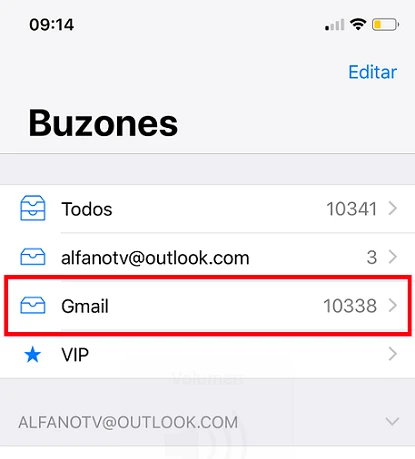 Buzón Gmail en un iPhone