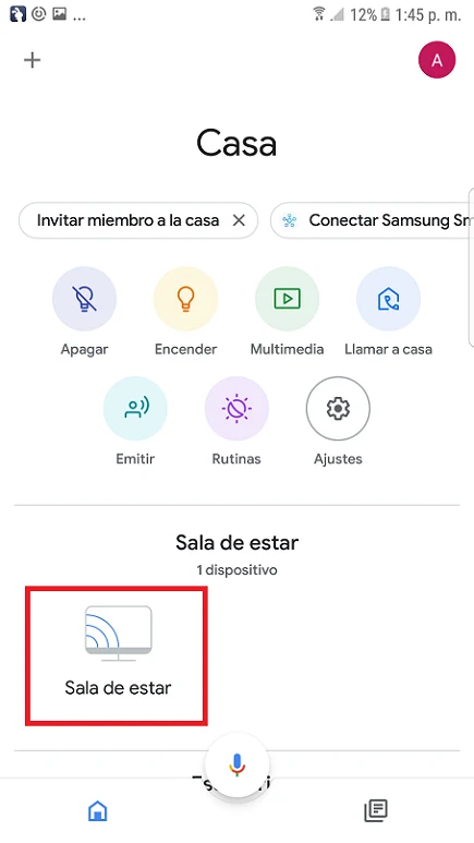 Interfaz de la app Google Home mostrando el icono de un Chromecast