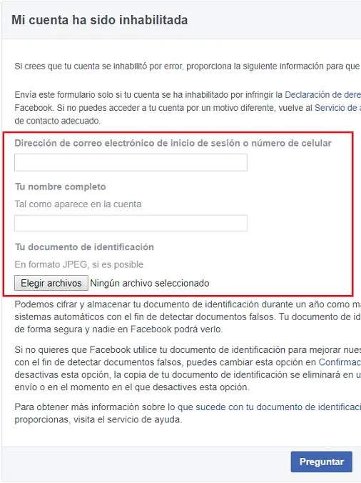formulario para solicitar el desbloqueo de una cuenta de Facebook.