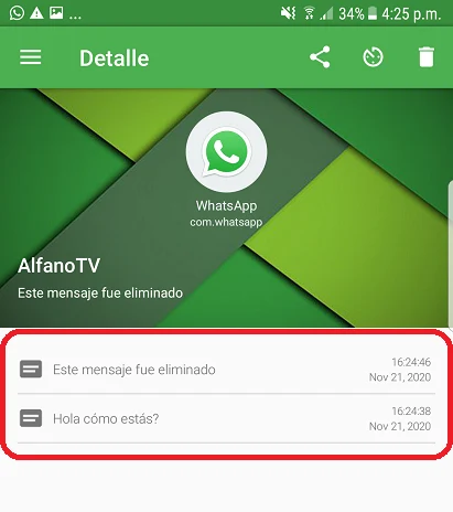 Aplicación mostrando un mensaje eliminado de WhatsApp