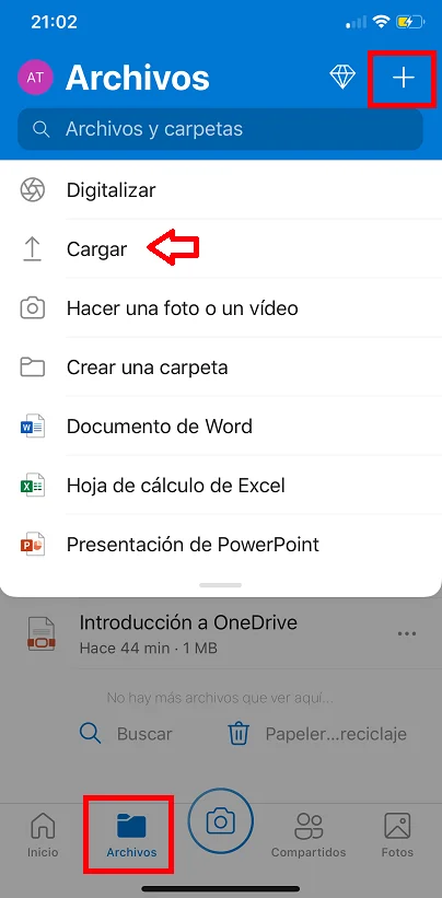 Opción para cargar un archivo a OneDrive desde un celular