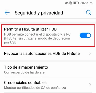 Opción Permitir a HiSuite utilizar HDB