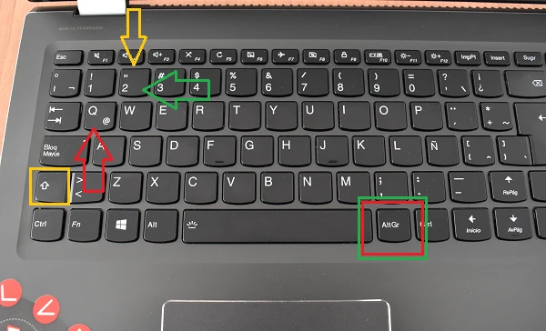La imagen muestra el teclado de una laptop con diversas combinaciones para hacer la arroba.
