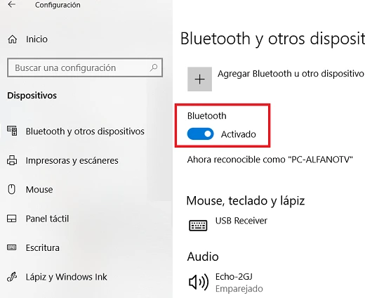 Botón para activar el Bluetooth en Windows 10