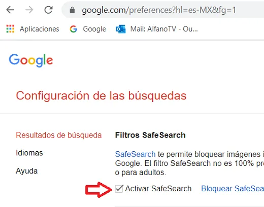 Opción para activar SafeSearch en Google