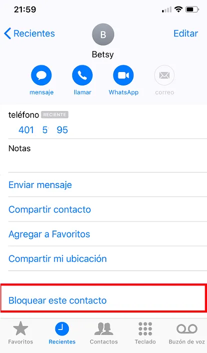 Opción para bloquear a un contacto en iPhone.