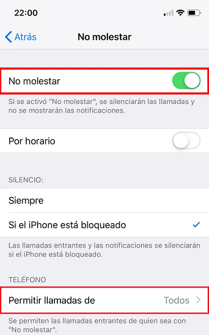 Opción para bloquear llamadas de números desconocidos en un iPhone