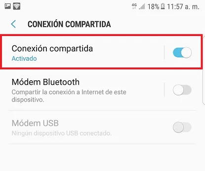 Opción Conexión compartida en Android
