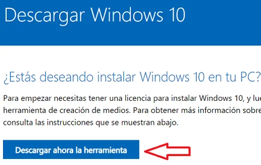 Opción para descargar la herramienta de actualización a Windows 10