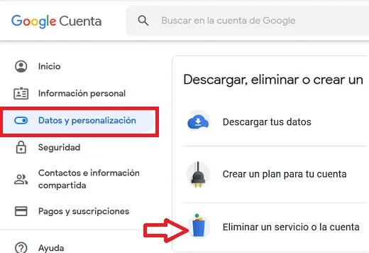 Opción para eliminar una cuenta de Gmail