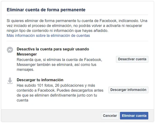 Opción para descargar información de Facebook antes de Eliminar la cuenta.