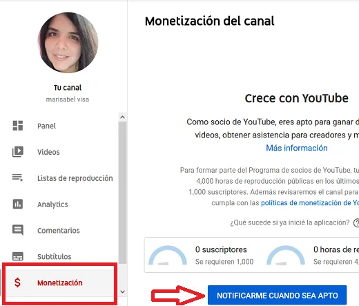 Opción para recibir una notificación de YouTube cuando el usuario sea apto para monetizar