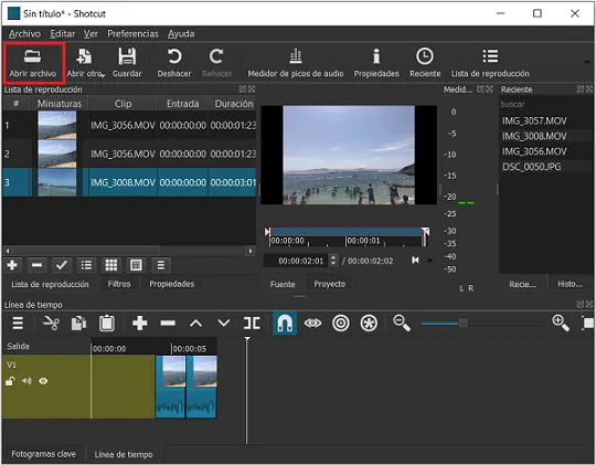 Ventana de edición de vídeo del software Shotcut en Windows 10