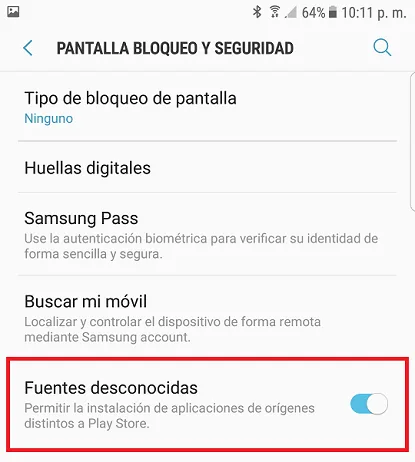 Opción para activar Fuentes desconocidas en un smartphone Android