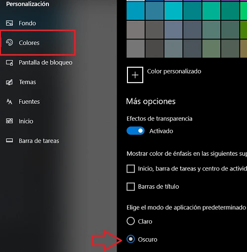 Opción para activar el modo oscuro en windows 10