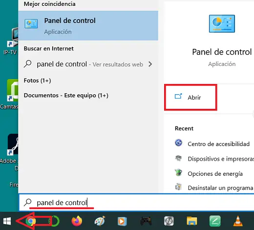 Opción para acceder al Panel de control de Windows 10