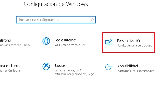 Opción de Personalización en Windows 10