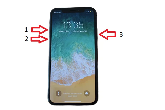 La imagen muestra la combinación de botones que hay que presionar para forzar el reinicio de un iPhone 8, X y posterior.