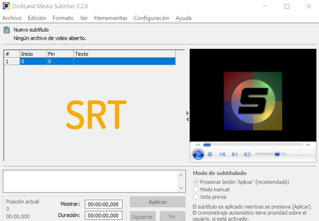 Interfaz del programa DivXLand Media Subtitler para la creación de archivos de subtítulos en formato SRT