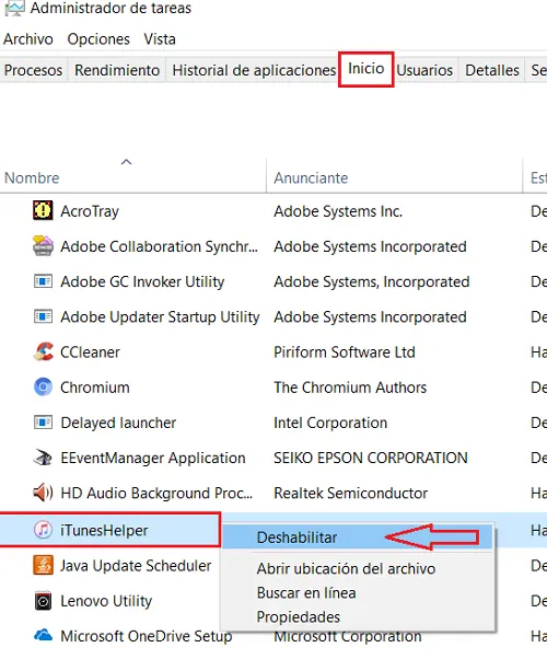 Opción para deshabilitar el inicio de programas no deseados desde el administrador de tareas de Windows 10.