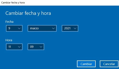 Opción para ajustar la fecha y hora de Windows