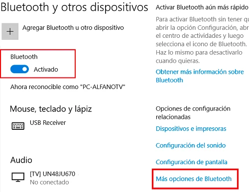 Opción para activar el Bluetooth en Windows