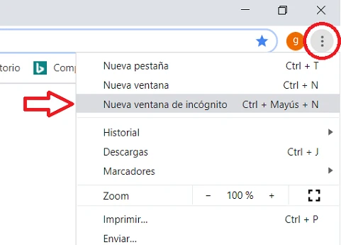 Opción para navegar de incognito en Chrome