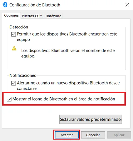 Opción para mostrar el icono de Bluetooth en el área de notificación de Windows