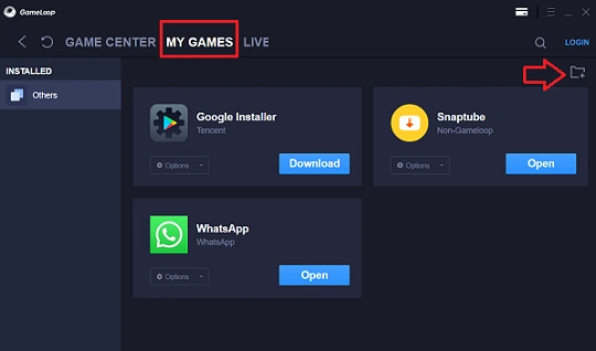 Sección Mis Juegos de GameLoop mostrando los iconos de WhatsApp y Snaptube para PC
