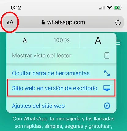 Opción para abrir WhatsApp en Sitio web en versión escritorio en Safari