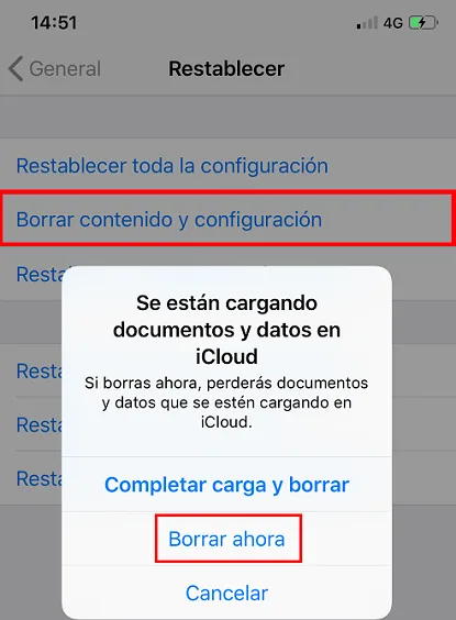Ventana Restablecer configuración en el iPhone. 