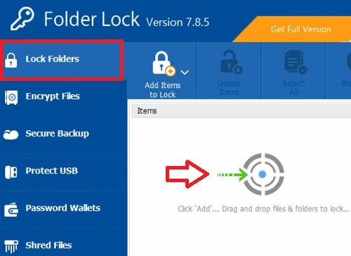 Opción para arrastrar archivos y carpetas que serán protegidos con el programa Folder Lock