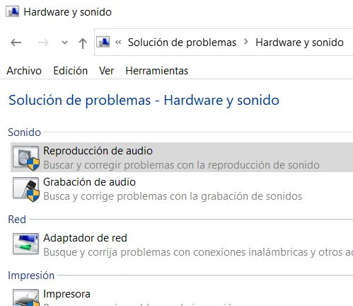 Opciones de Hardware y sonido de Windows